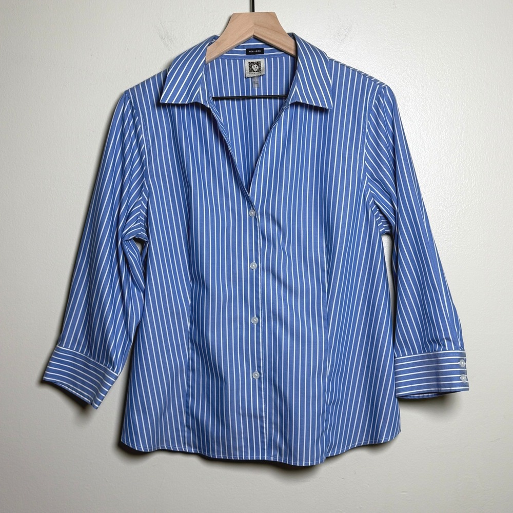 Anne Klein Womens Button Up Shirt L Blue Striped Non-Iron 3/4 Sleeve Office